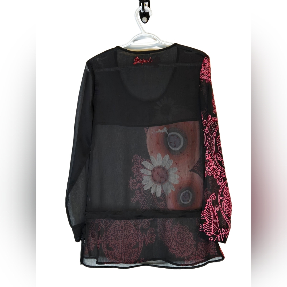 Desigual Black Sheer Blouse with Pink and Orange Floral Print - Picture 2 of 6